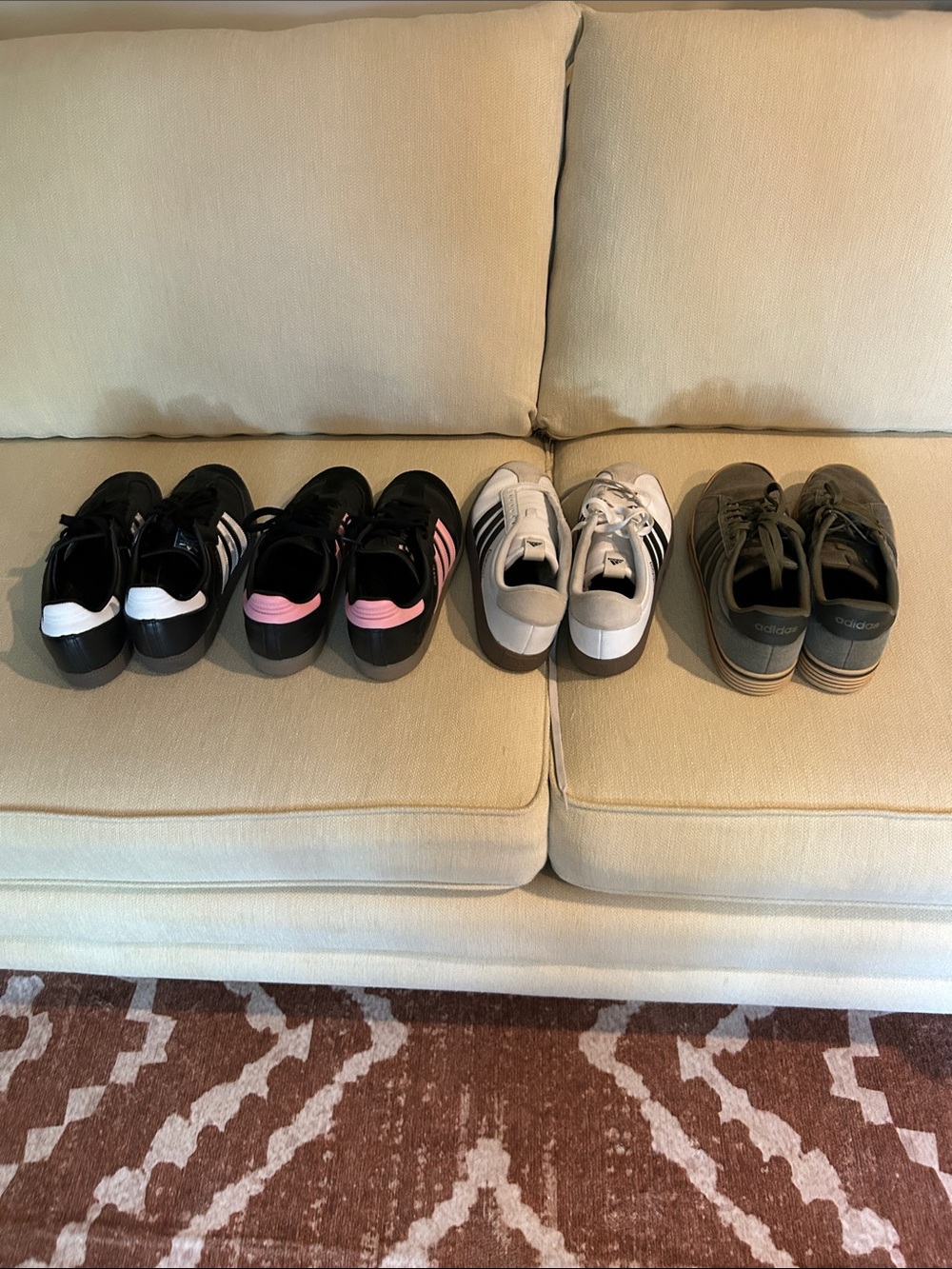adidas Mens Sneakers in Black, Pink, White, and Olive Green